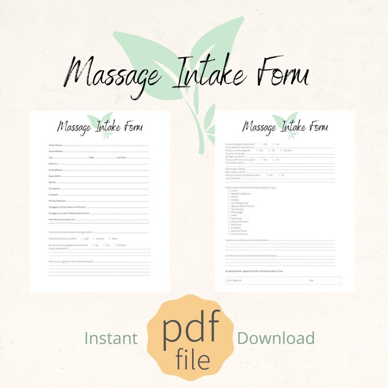 May include: A printable massage intake form with two pages. The form includes sections for client information, medical history, and preferences. The form is titled "Massage Intake Form" and is available for instant download as a PDF file.