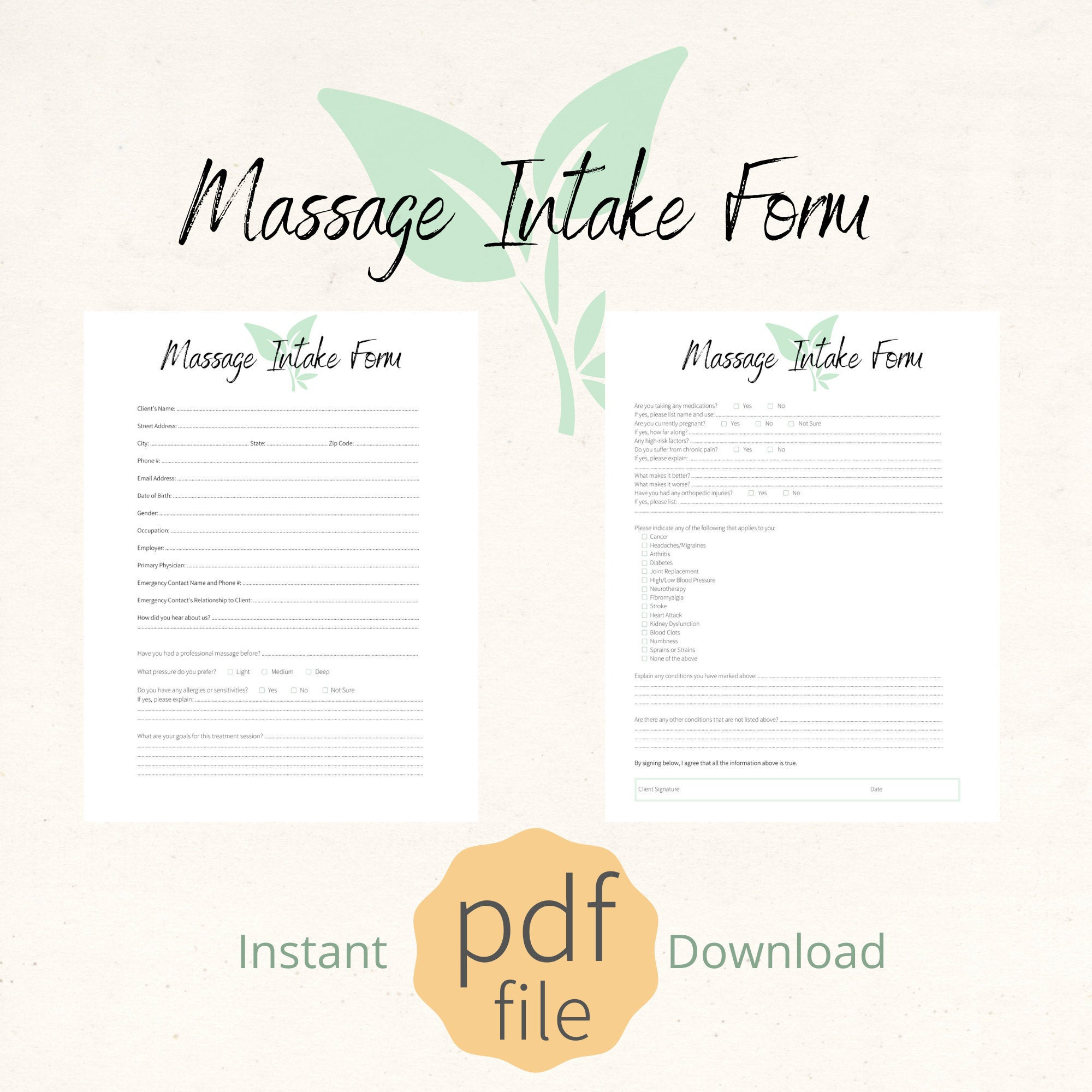 Massage Intake Form PDF and EDITABLE Canva Template New Client Form Massage Intake Form PDF and EDITABLE Canva Template New Client Form