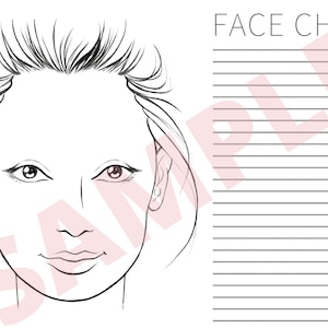 May include: A blank face chart with a line drawing of a woman's face. The face chart is divided into two sections, one for the face and one for notes. The face section has a line drawing of a woman's face with features like eyes, nose, lips, and eyebrows. The notes section has lines for writing.