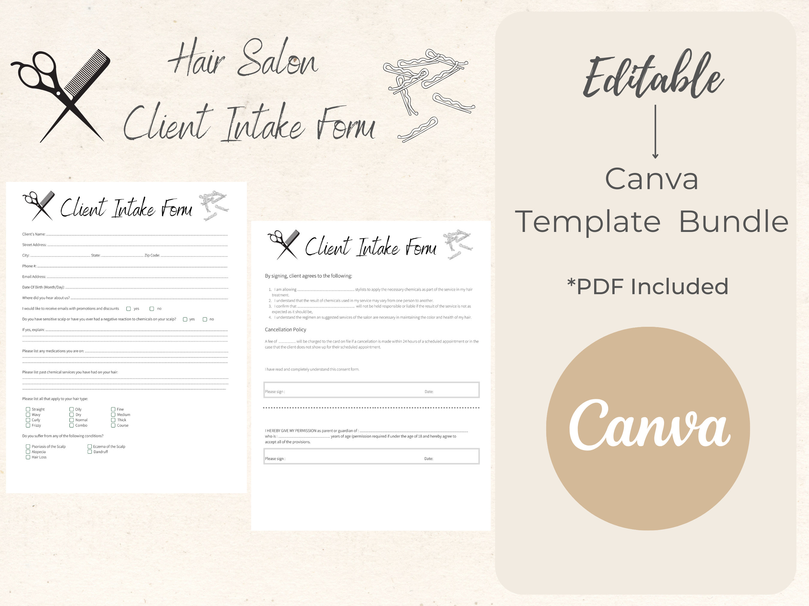 Hair salon client intake form canva template pdf editable hair stylist