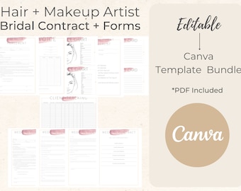 May include: A template bundle for hair and makeup artists, featuring bridal contracts and forms. The bundle includes editable Canva templates and a PDF. The design includes text such as "Service Agreement", "Voice", "Face Chart", and "Client Tracking".