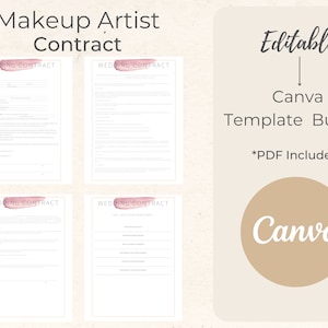 May include: A digital download of four editable Canva templates for a makeup artist contract. The templates are titled "Wedding Contract" and feature a pink watercolor design. The text "Editable Canva Template Bundle *PDF Included" is also included in the image.