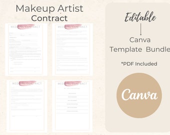 May include: A digital download of four editable Canva templates for a makeup artist contract. The templates are titled "Wedding Contract" and feature a pink watercolor design. The text "Editable Canva Template Bundle *PDF Included" is also included in the image.