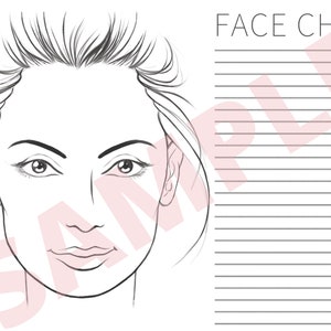 May include: A black and white line drawing of a woman's face with a blank space for makeup notes. The drawing is on a white background with a lined section on the right side for writing.