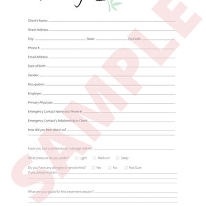 May include: A massage intake form with sections for client information, emergency contact, allergies, and treatment goals.
