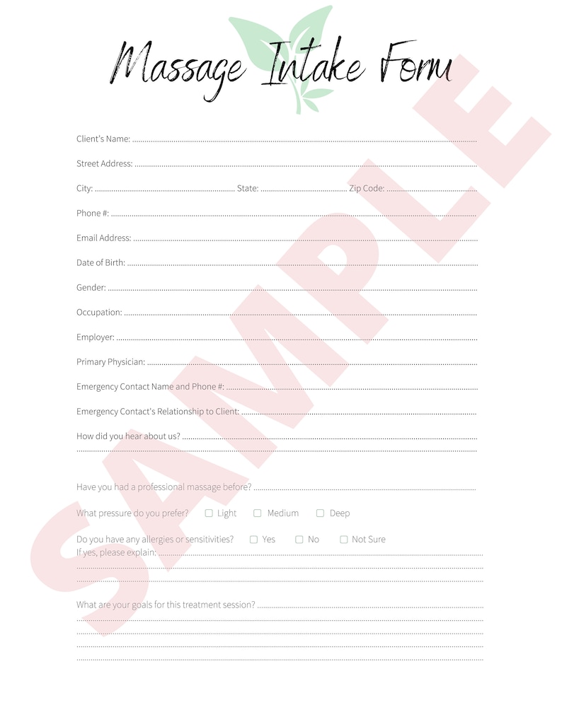 May include: A massage intake form with sections for client information, emergency contact, allergies, and treatment goals.