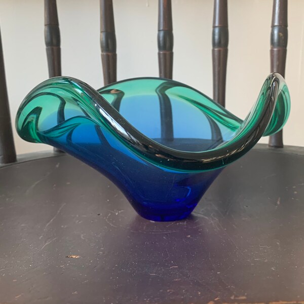 Gorgeous Vintage Murano Styled Glass Bowl in stunning blue and green ruffled glass; like sea waves; vintage mid century design