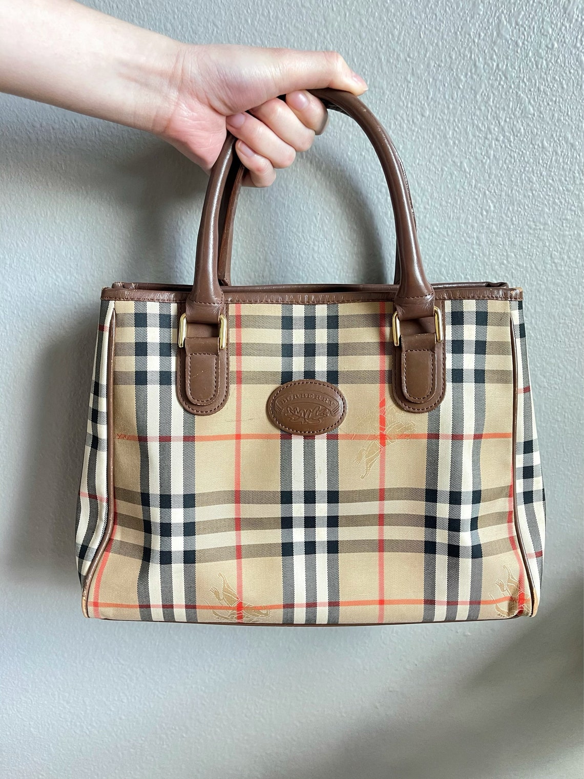 VINTAGE BURBERRYs Canvas Leather Handbag Etsy