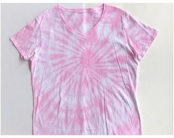 Tie Dye Women's V-Neck | spiral tie dye, customizable tie dye , 100% cotton shirt, , handmade tie dye, gift for her - Bubblegum