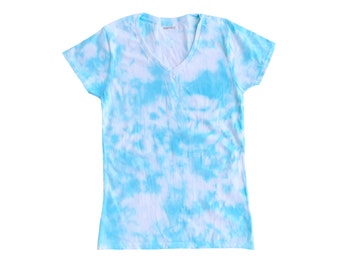 Tie Dye V-Neck Tee | Women's Handmade Tie Dye Shirt in Aquamarine Blue, Women's V-Neck Tie Dye, Handmade Tie Dye - Aquamarine