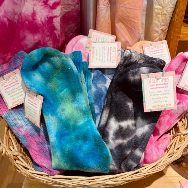 Tie-Dye Socks, handmade tie dye pink yellow blue rainbow cute socks, 100% cotton crew unisex socks, hand dyed festival socks, raven socks