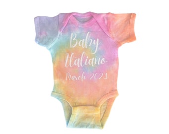 Rainbow Spiral Tie Dye Baby Onesie with Custom Name and Date, Baby Announcement