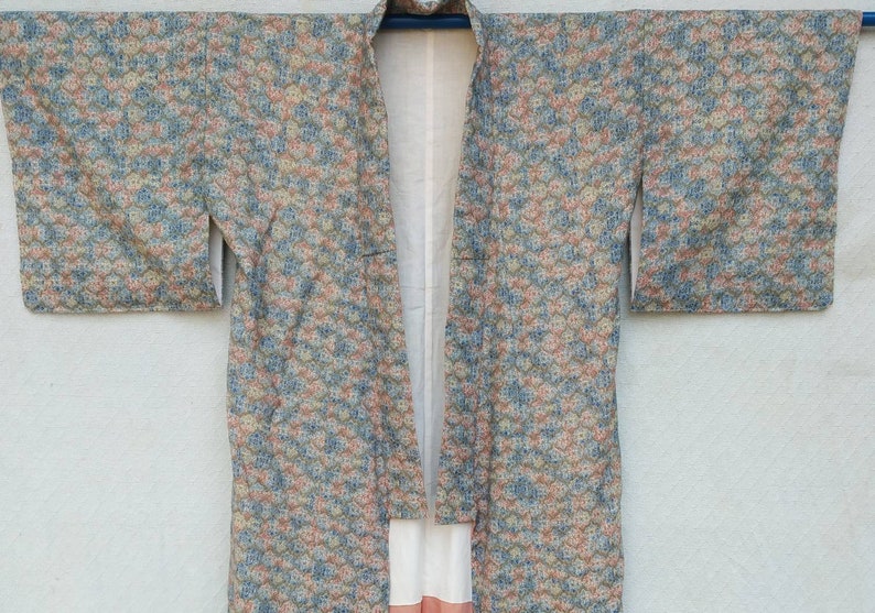 vintage kimono Japanese with print full flowers silk fabric long kimono
