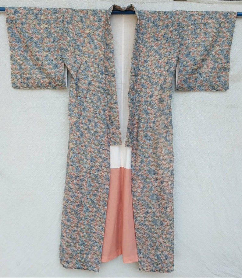 vintage kimono Japanese with print full flowers silk fabric long kimono