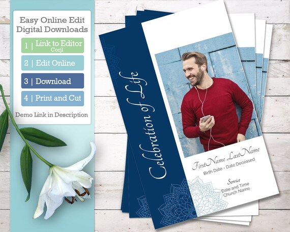 Modern Funeral Program Template And Order Of Service Blue Etsy