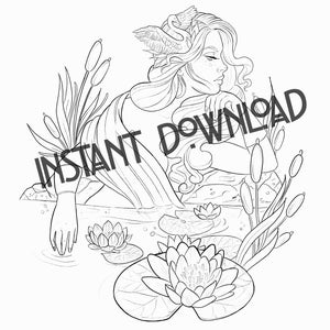 May include: A black and white line drawing of a woman with long hair and a bird on her head. She is sitting in a pond with water lilies and reeds.