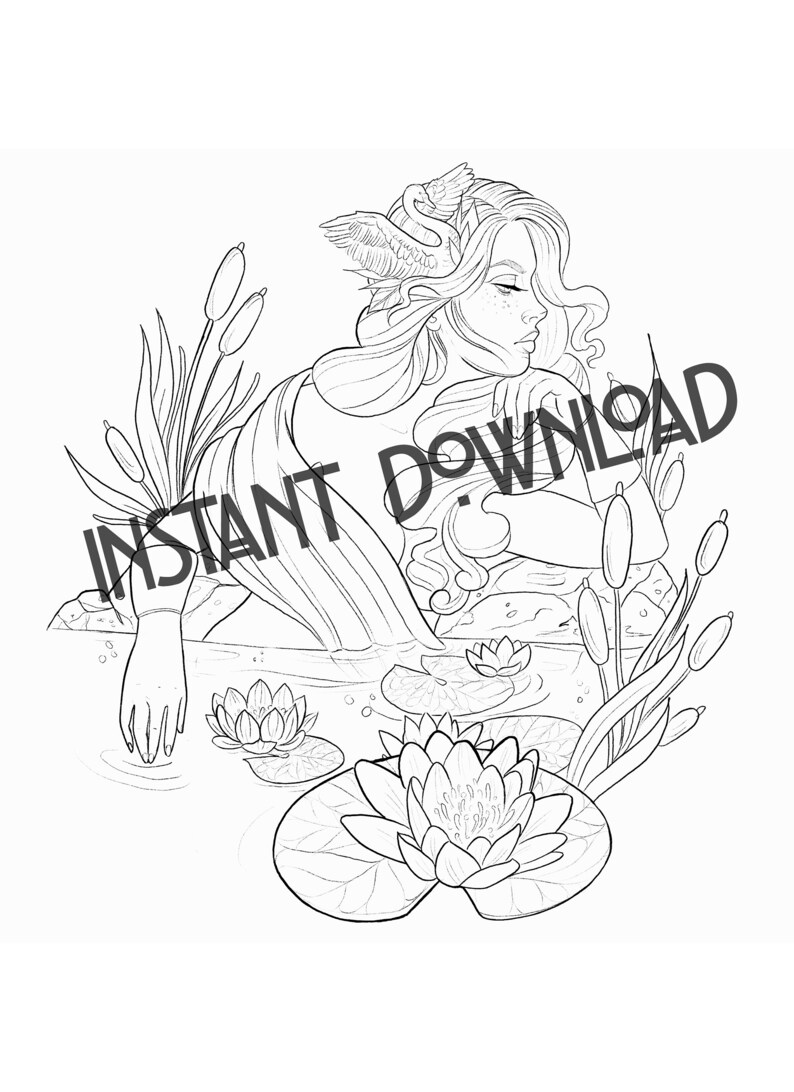May include: A black and white line drawing of a woman with long hair and a bird on her head. She is sitting in a pond with water lilies and reeds.