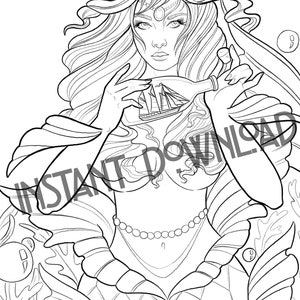 May include: A black and white line drawing of a mermaid with long flowing hair, holding a small sailboat in her hand. She is wearing a seashell crown and a pearl necklace. The mermaid is surrounded by seashells and seaweed.