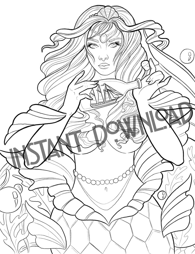 May include: A black and white line drawing of a mermaid with long flowing hair, holding a small sailboat in her hand. She is wearing a seashell crown and a pearl necklace. The mermaid is surrounded by seashells and seaweed.