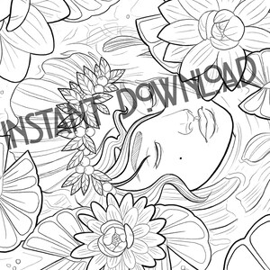 May include: A black and white line drawing of a woman's face with flowers and leaves surrounding her. The woman has her eyes closed and is surrounded by water lilies.