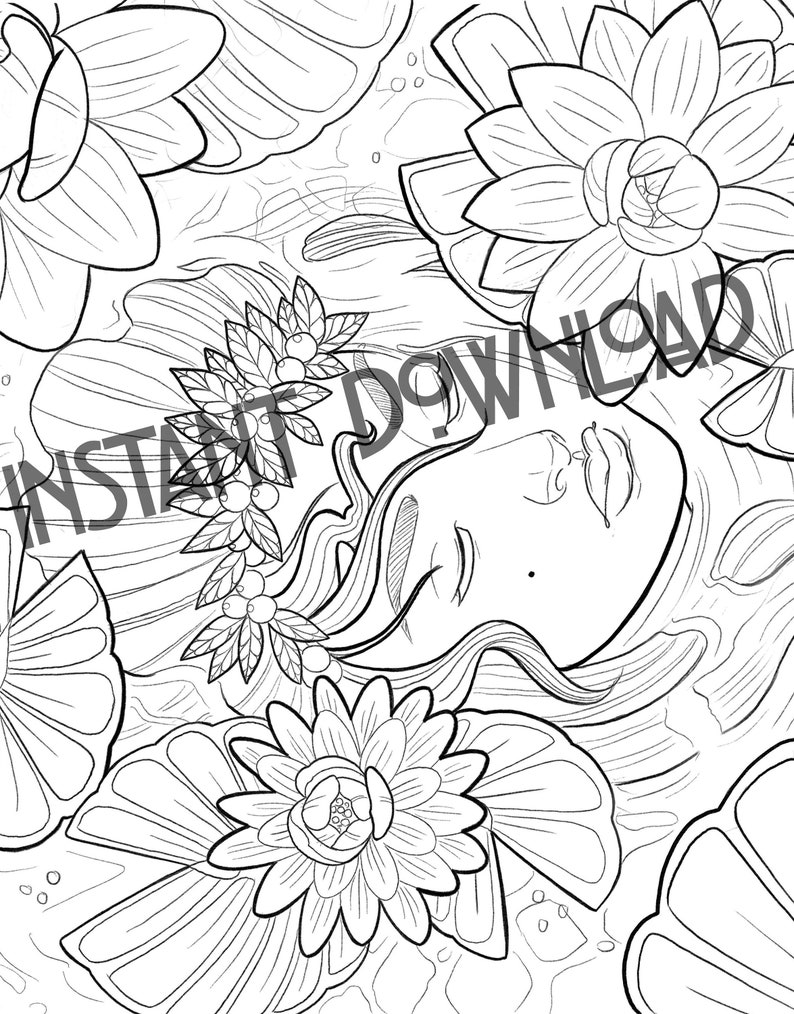 May include: A black and white line drawing of a woman's face with flowers and leaves surrounding her. The woman has her eyes closed and is surrounded by water lilies.