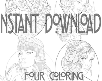 Female Portraits to Color INSTANT DOWNLOAD Oval Portraits and Circle Portrait Adult Coloring page