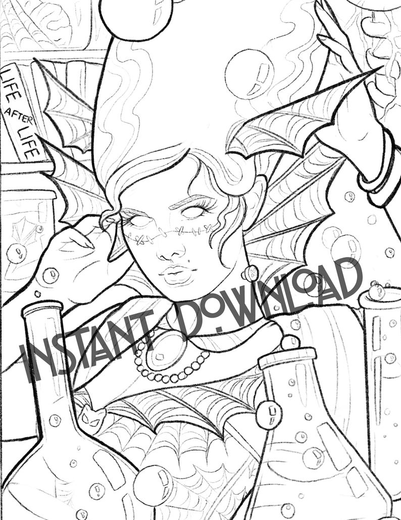 May include: A black and white line drawing of a woman with a stitched-up face, wearing a necklace and holding a flask. She is surrounded by spiderwebs and bubbles. The text "Life After Life" is visible in the background.