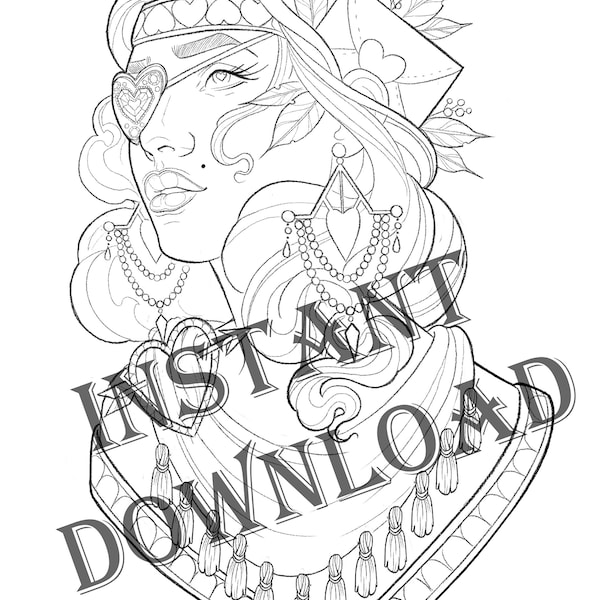 Valentines Female Portrait Instant Download Adult Coloring Page February