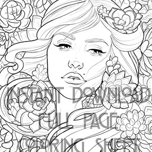 May include: A black and white line drawing of a woman with long flowing hair surrounded by succulent plants. The woman has a serious expression on her face and is looking directly at the viewer.