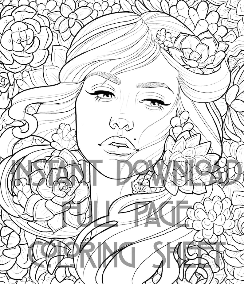 May include: A black and white line drawing of a woman with long flowing hair surrounded by succulent plants. The woman has a serious expression on her face and is looking directly at the viewer.