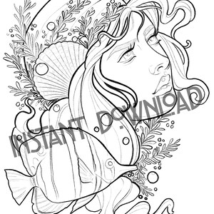 May include: A black and white line drawing of a woman with long flowing hair, a seashell, and a fish. The woman is surrounded by seaweed and bubbles.