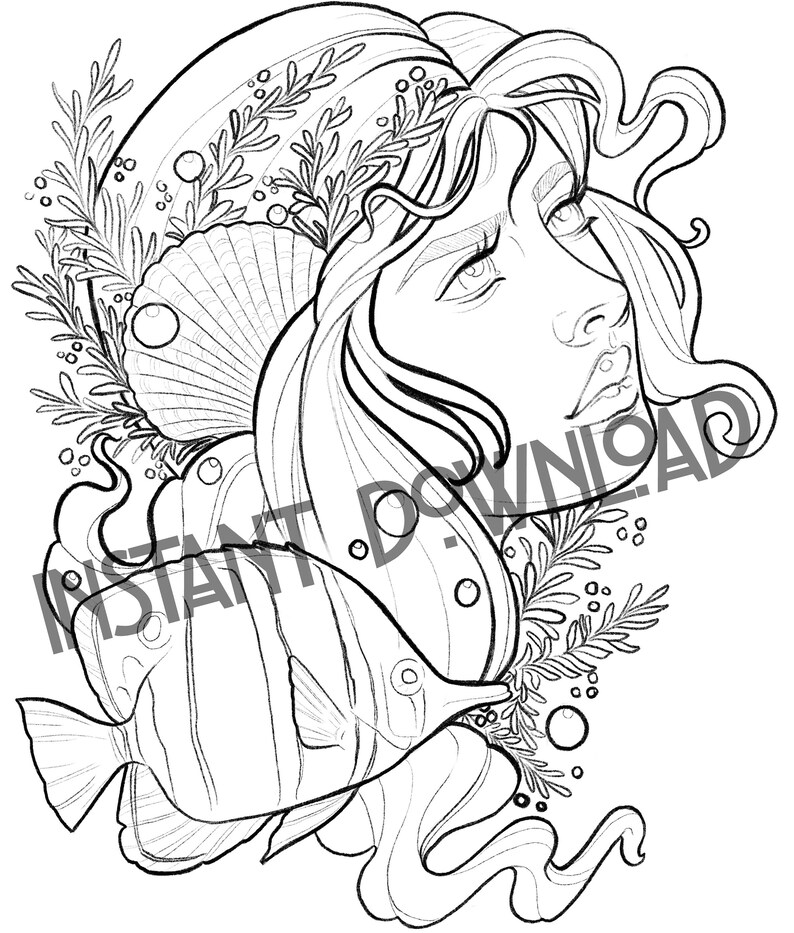 May include: A black and white line drawing of a woman with long flowing hair, a seashell, and a fish. The woman is surrounded by seaweed and bubbles.
