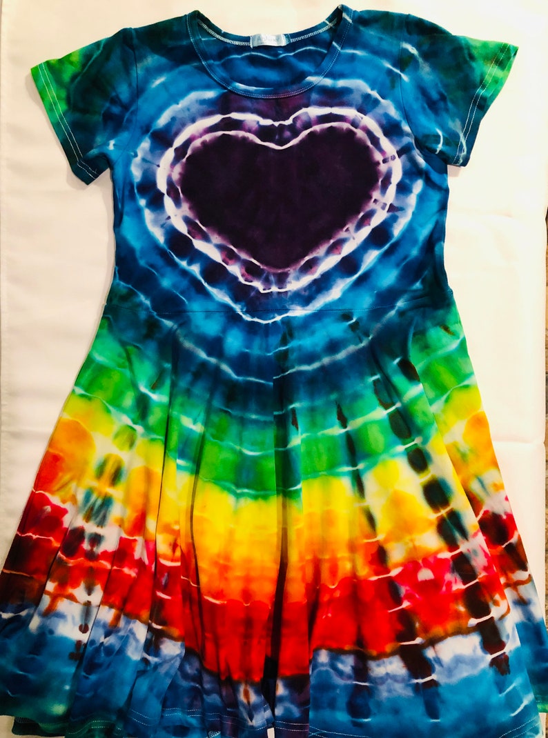 Girls Purple Heart Rainbow Tie Dye Ice Dye Skater Cotton Dress image 1