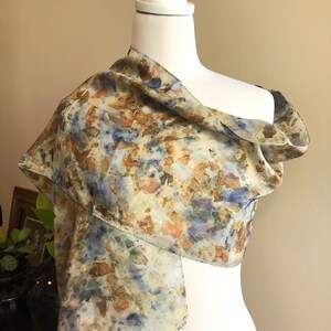Camellias and brown onion skin eco hand dyed silk scarf, naturally dyed botanical eco-print scarf