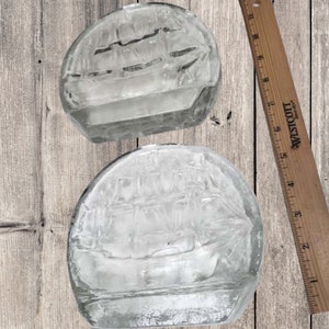Set of Vintage Blenko Clear Glass Sailing Ship Bookends Mid-Century Design
