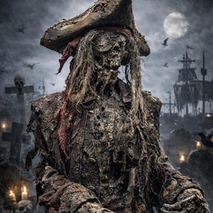 May include: A decaying pirate figure stands in a graveyard scene. The pirate wears a tattered hat, a red bandana, and a tattered coat. The background features a full moon, a ghostly ship, and tombstones, creating a spooky atmosphere.