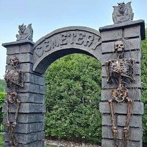 HUGE Cemetery Entrance, Halloween Prop, Yard Decoration, Graveyard Art, Stone Pillars, Archway Columns, Skeleton, Gate, Gargoyle Decor