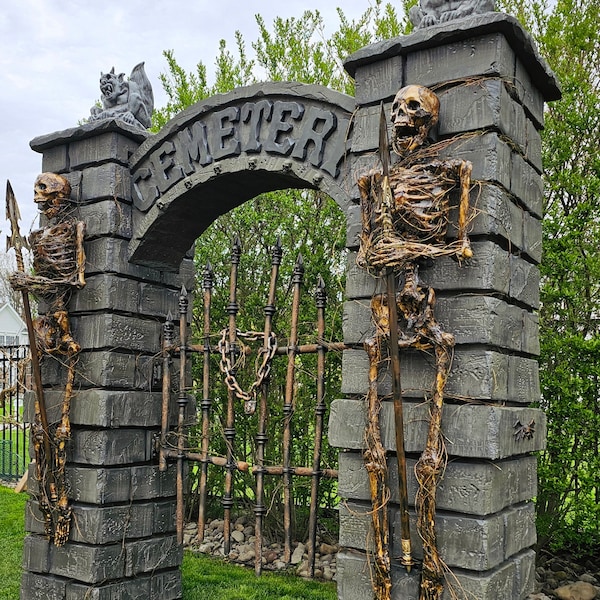 GUARDIAN Cemetery Entrance, Halloween Prop, Yard Decoration, Graveyard Art, Stone Pillars, Archway Columns, Skeleton, Gate, Gargoyle Decor
