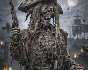 May include: A decaying pirate costume with a tricorn hat, holding a flintlock pistol. The costume features tattered clothing, skeletal features, and long, stringy hair. The background includes a graveyard, a ship, and a full moon, creating a spooky atmosphere.