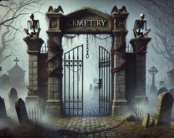 May include: A spooky cemetery gate with a sign that reads "CEMETERY" and two skeletal figures on top of the pillars. The gate is made of metal and has a chain link fence. The gate is open and there are tombstones and fog in the background.