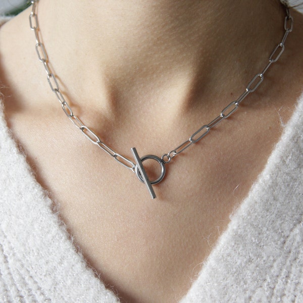 Collier larges maillons en acier inoxydable argenté pour femme