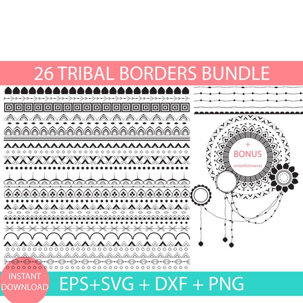 Tribal Border Svg Eps Dxf Png Bundle Mandala Embellishments Frames Bohemian Aztec Borders Arrow Boho Clipart Digital Scrapbooking  Clip Art