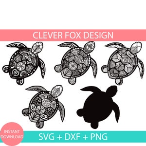 Puede incluir: Cinco diseños de tortugas en blanco y negro, incluyendo una silueta sólida, para proyectos de manualidades. Los diseños presentan patrones y detalles intrincados. SVG + DXF + PNG.