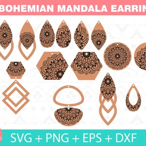 May include: 14 Bohemian Mandala Earrings SVG, PNG, EPS, and DXF digital download files. The design features intricate mandala patterns in a black and white color scheme on a light brown background.