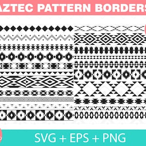 May include: A set of 22 black and white Aztec pattern borders. The borders are made up of geometric shapes, such as triangles, squares, and diamonds. The borders are perfect for adding a touch of ethnic style to your designs.