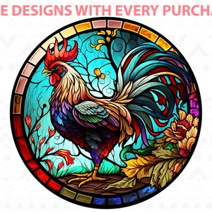 Sublimation Digital Design Vibrant Stained Glass Rooster, ClipArt PNG, Download, Farmhouse decorations, Tumbler Mug PNG