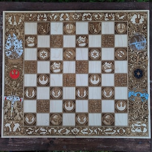 Handcrafted Galactic Space Battle Chessboard - Tournament Size, Sci-Fi Starship Engraved Wood Chess Set