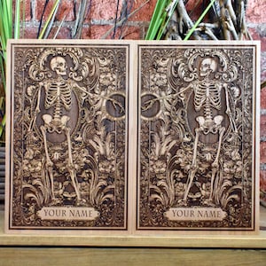 Engagement Wedding Anniversary Wood Gift for Her / Him, Skeleton Love Couple Gift, Custom Names Engraved Halloweding Gift Groom / Bride