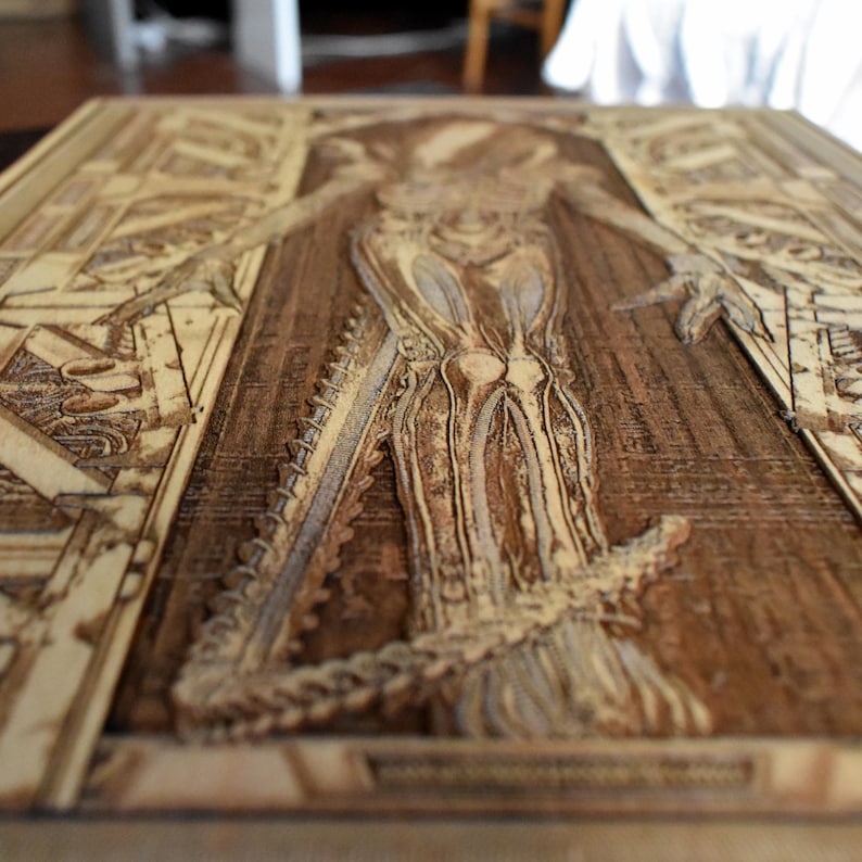 Futuristic creature wall decor laser engraved on solid maple wood
