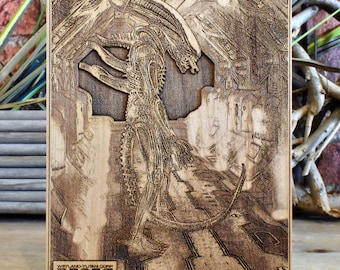 Xenomorph Alien Wall Art - Sci-Fi Horror Decor, Engraved Wooden Artwork